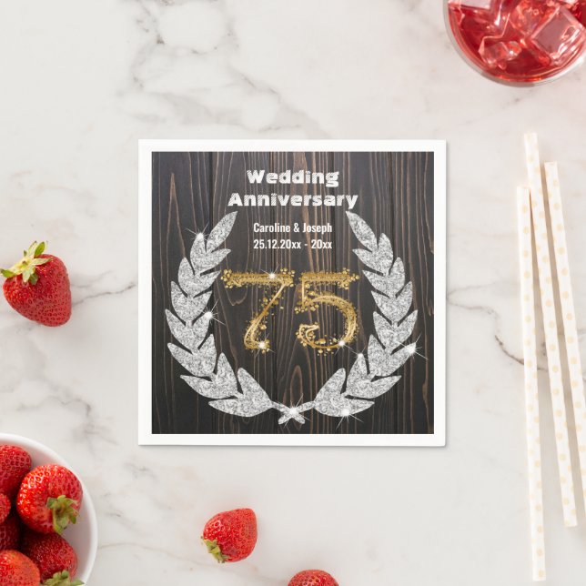 75th Gold & Diamond Laurel Wedding Anniversary Nap Napkins (Insitu)