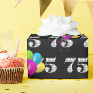 75th Happy Birthday Balloons On Black Wrapping Paper