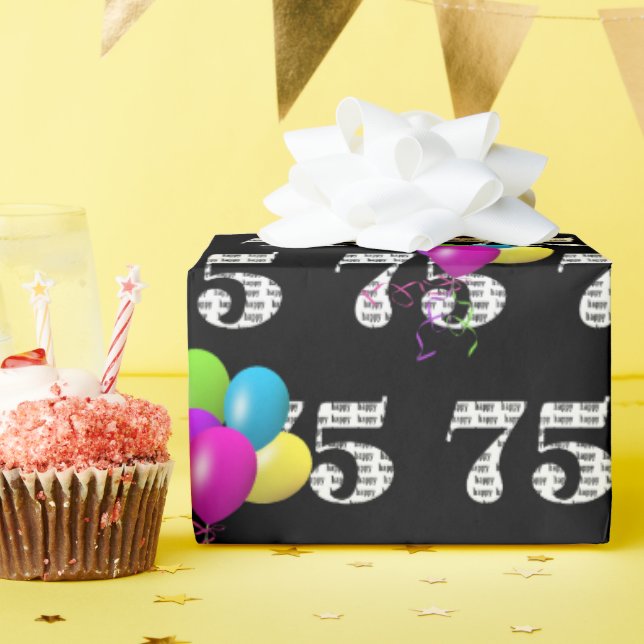 75th Happy Birthday Balloons On Black Wrapping Paper (Birthday Party)