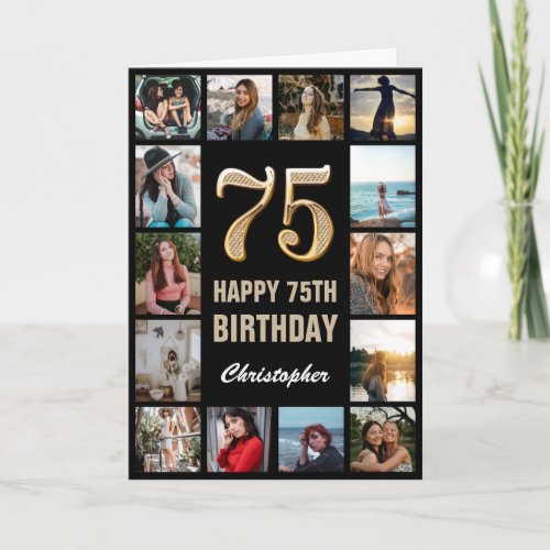 75th Happy Birthday Black and Gold Photo Collage Card