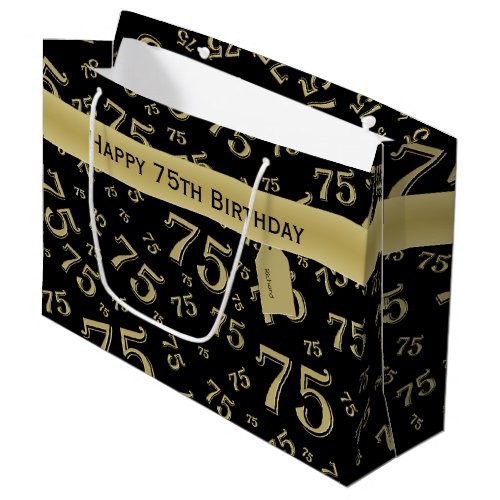 75th Happy Birthday BlackGold Number Pattern Large Gift Bag