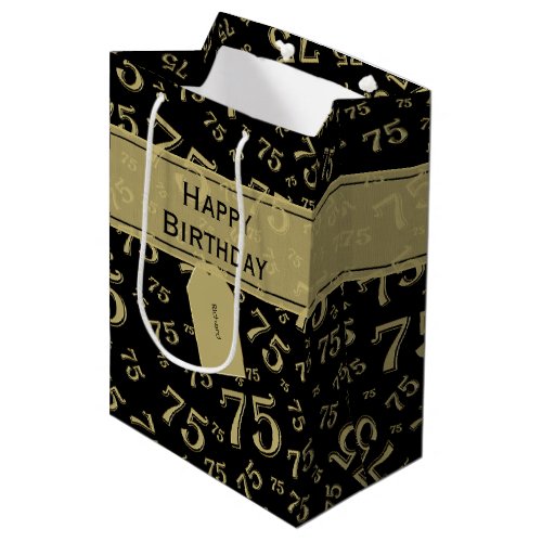 75th Happy Birthday BlackGold Number Pattern Medium Gift Bag