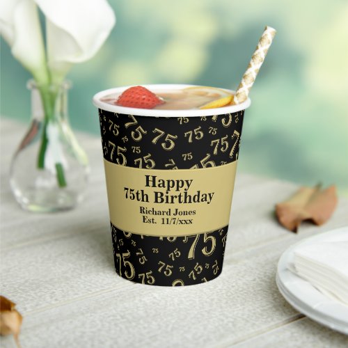 75th Happy Birthday BlackGold Number Pattern Paper Cups