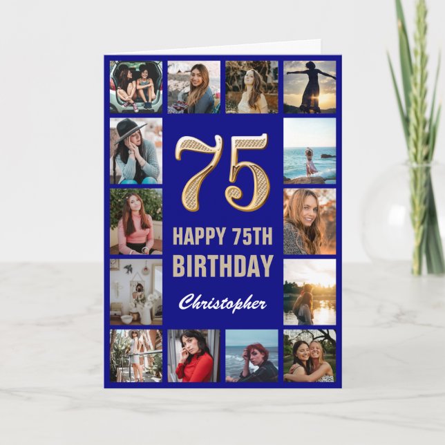 75th Happy Birthday Navy Blue & Gold Photo Collage Card (Front)