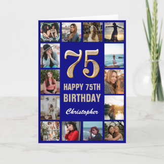 75th Happy Birthday Navy Blue & Gold Photo Collage Card