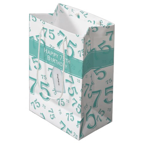 75th Happy Birthday TealWhite Number Pattern Medium Gift Bag