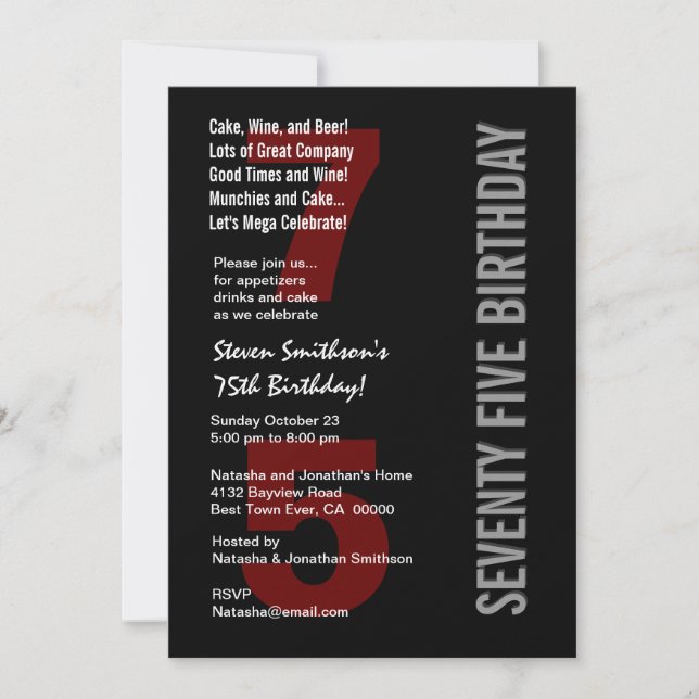 75th Modern Birthday Black Red Premium Paper V04 Invitation (Front)
