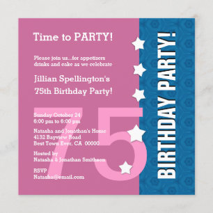 75th Modern Birthday Stars Funny A75A PINK Invitation