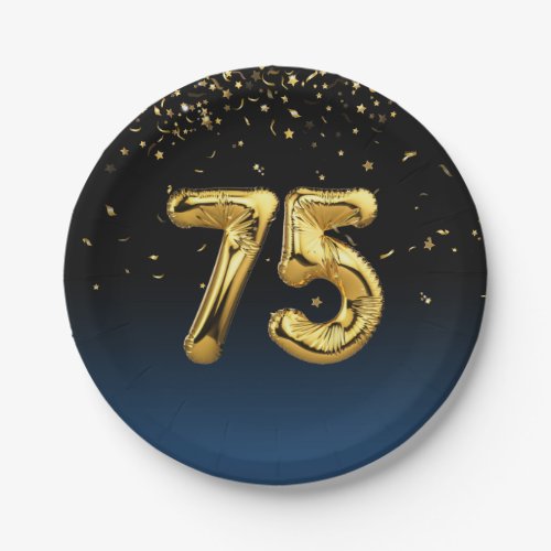 75th Party Balloons And Gold Confetti  Paper Plate