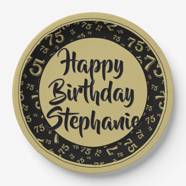 75th Party Random Number Pattern Black/Gold Paper Plates (Front)