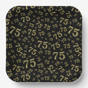 75th Party Random Number Pattern Black/Gold Paper Plates