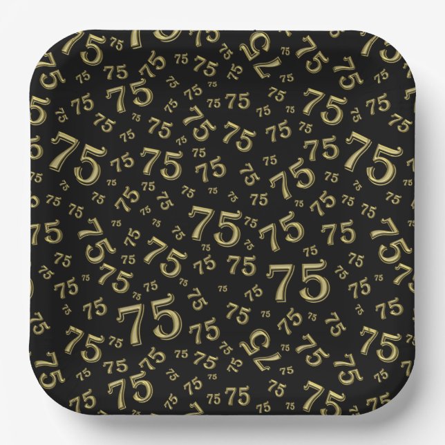 75th Party Random Number Pattern Black/Gold Paper Plates (Front)
