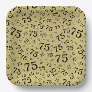 75th Party Random Number Pattern Black/Gold Paper Plates