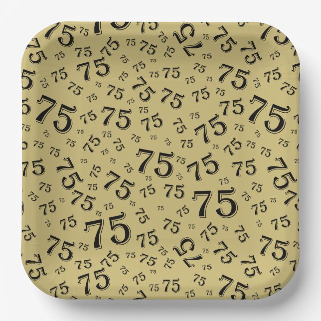 75th Party Random Number Pattern Black/Gold Paper Plates (Front)