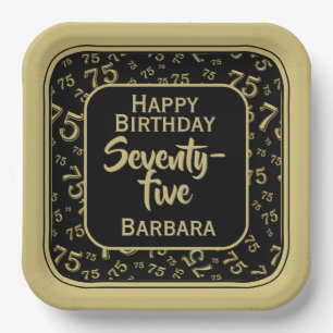 75th Party Random Number Pattern Black/Gold Paper Plates