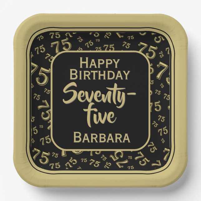 75th Party Random Number Pattern Black/Gold Paper Plates (Front)