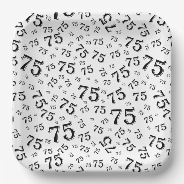 75th Party Random Number Pattern Black/White Paper Plates (Front)
