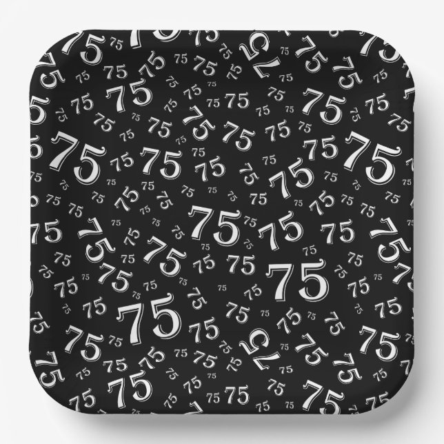 75th Party Random Number Pattern Black/White Paper Plates (Front)