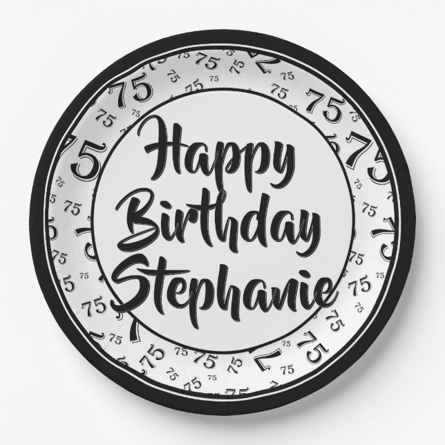 75th Party Random Number Pattern Black/White Paper Plates (Front)