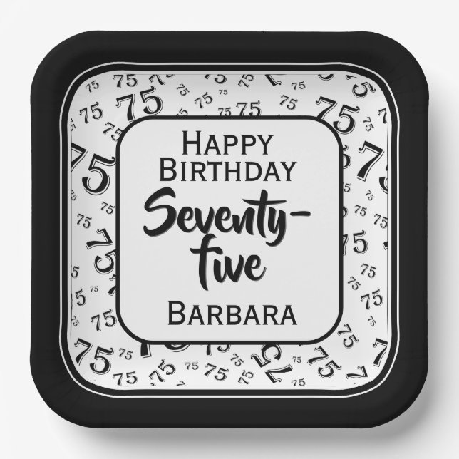 75th Party Random Number Pattern Black/White Paper Plates (Front)