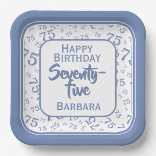 75th Party Random Number Pattern Blue/White Paper Plates