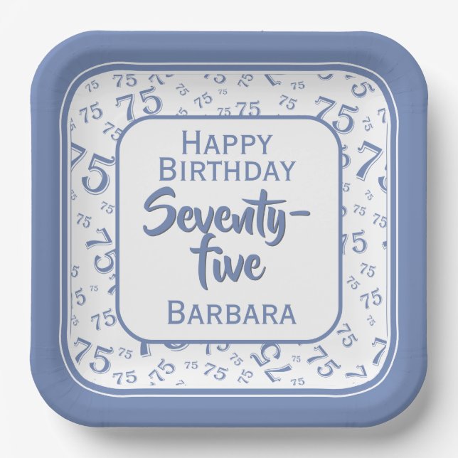 75th Party Random Number Pattern Blue/White Paper Plates (Front)