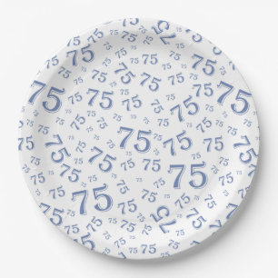 75th Party Random Number Pattern Blue/White Paper Plates