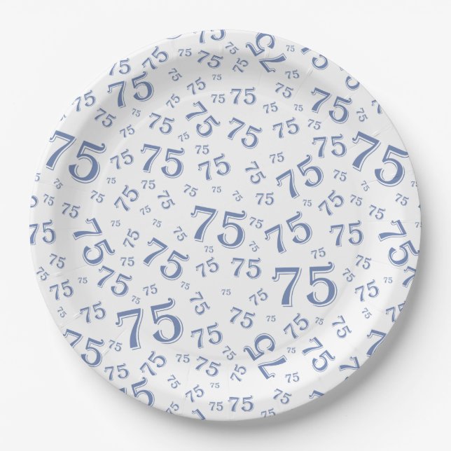 75th Party Random Number Pattern Blue/White Paper Plates (Front)