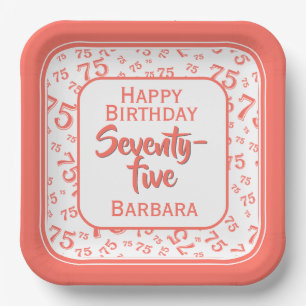 75th Party Random Number Pattern Coral/White Paper Plates