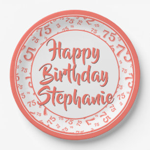 75th Party Random Number Pattern Coral/White Paper Plates