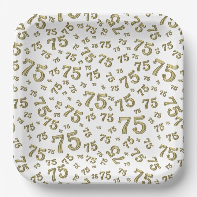 75th Party Random Number Pattern Gold/White Paper Plates (Front)