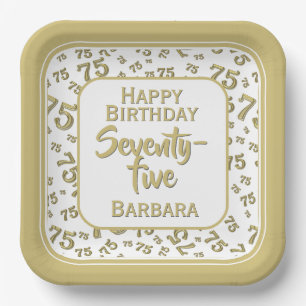75th Party Random Number Pattern Gold/White Paper Plates