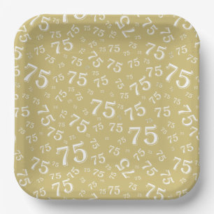 75th Party Random Number Pattern Gold/White Paper Plates