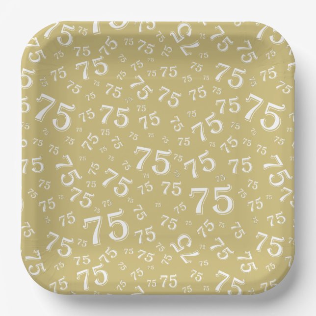 75th Party Random Number Pattern Gold/White Paper Plates (Front)