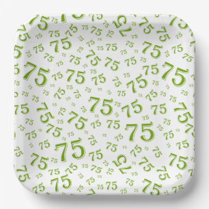 75th Party Random Number Pattern Green/White Paper Plates