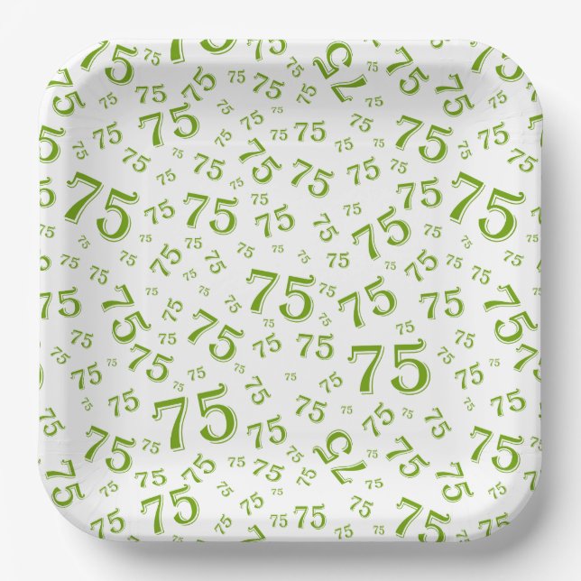 75th Party Random Number Pattern Green/White Paper Plates (Front)