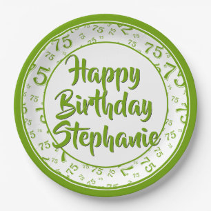 75th Party Random Number Pattern Green/White Paper Plates