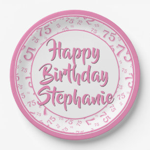 75th Party Random Number Pattern Pink/White Paper Plates