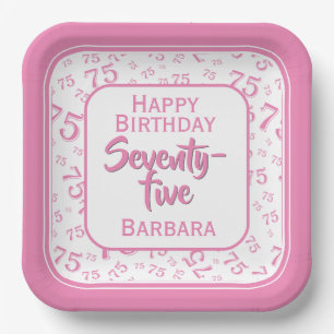 75th Party Random Number Pattern Pink/White Paper Plates