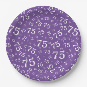 75th Party Random Number Pattern Purple/White Paper Plates