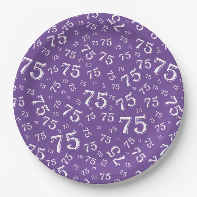 75th Party Random Number Pattern Purple/White Paper Plates (Front)