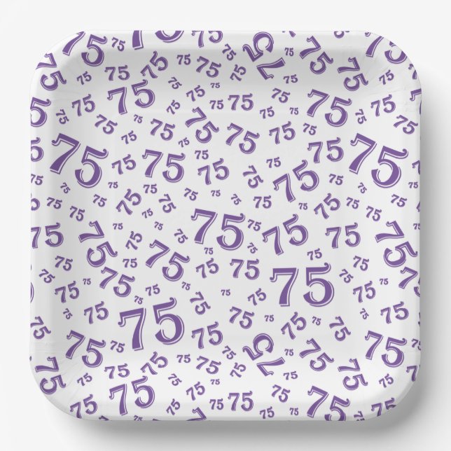75th Party Random Number Pattern Purple/White Paper Plates (Front)