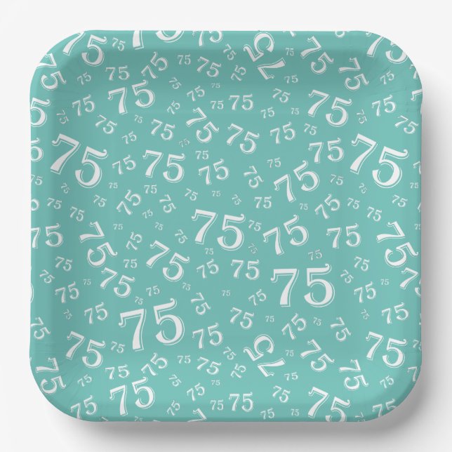 75th Party Random Number Pattern Teal/White Paper Plates (Front)