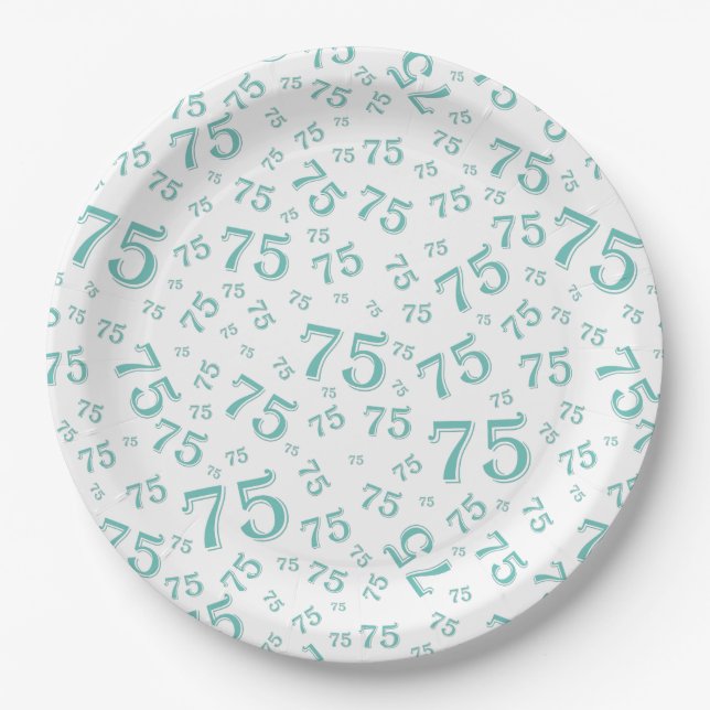 75th Party Random Number Pattern Teal/White Paper Plates (Front)