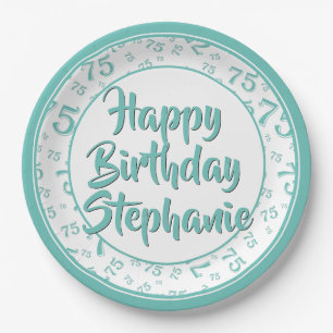 75th Party Random Number Pattern Teal/White Paper Plates