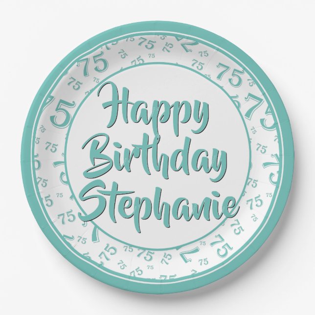 75th Party Random Number Pattern Teal/White Paper Plates (Front)