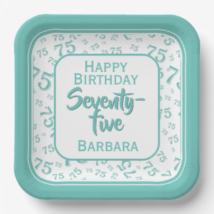 75th Party Random Number Pattern Teal/White Paper Plates