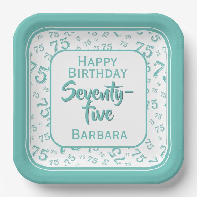75th Party Random Number Pattern Teal/White Paper Plates (Front)