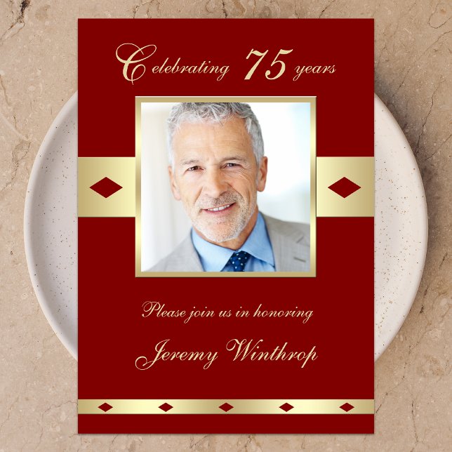 75th Photo Birthday Party Invitation Burgundy 75 (Creator Uploaded)