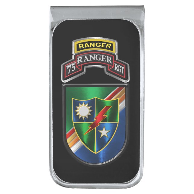 75th Ranger Regiment Tab with Scroll  Silver Finis Finish Money Clip (Front Vertical)